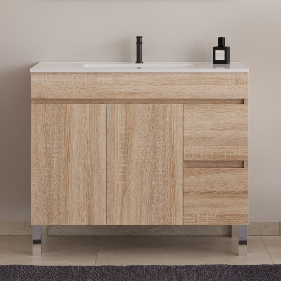 Meuble de salle de bain 100cm simple vasque sur pieds avec portes et tiroirs - HARO