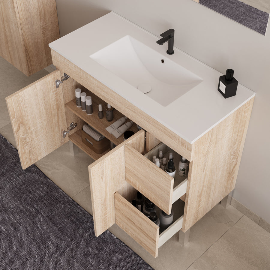 Meuble de salle de bain 100cm simple vasque sur pieds avec portes et tiroirs - HARO