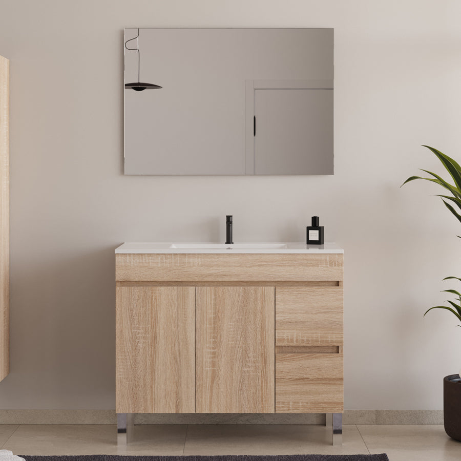 Meuble de salle de bain 100cm simple vasque sur pieds avec portes et tiroirs - HARO