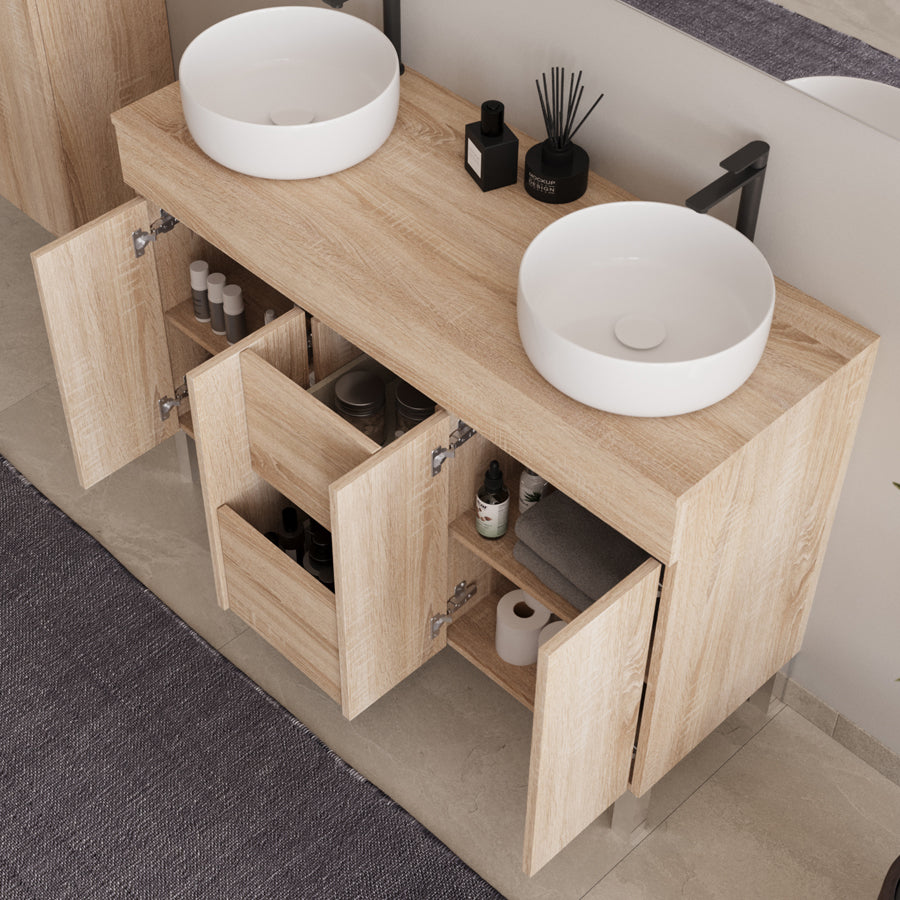 Meuble de salle de bain 120cm sur pieds avec plateau et 2 cuves à poser rondes - sans miroir - portes et tiroirs - HARO