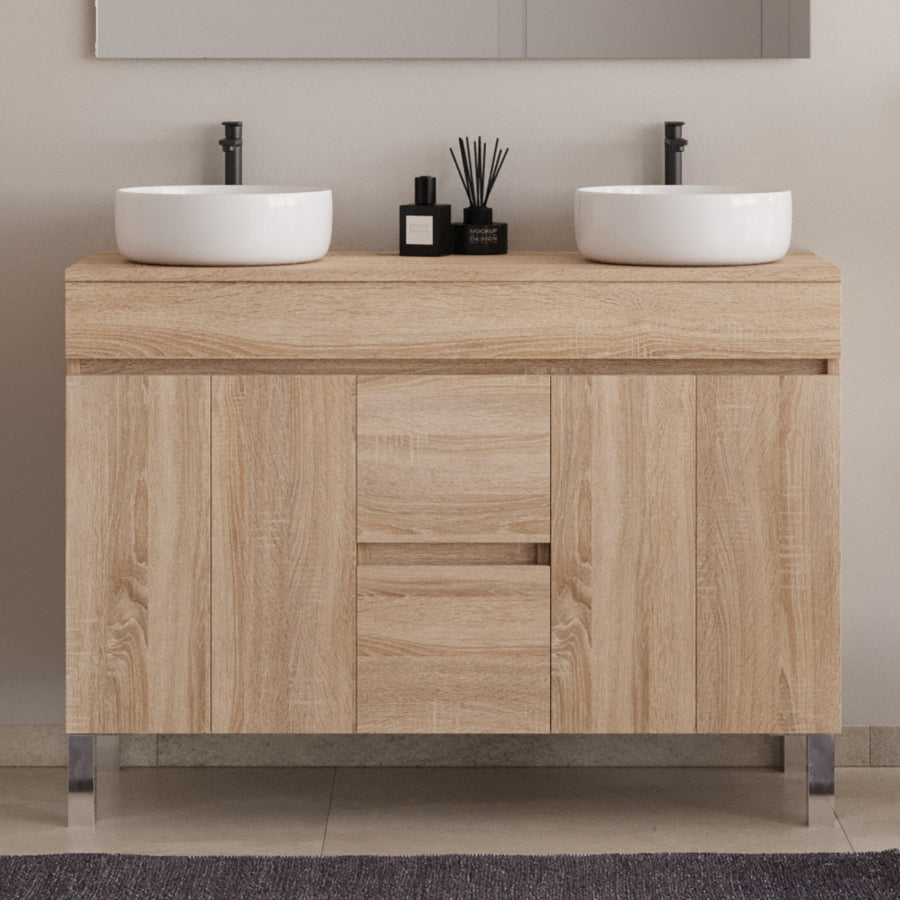 Meuble de salle de bain 120cm sur pieds avec plateau et 2 cuves à poser rondes - sans miroir - portes et tiroirs - HARO