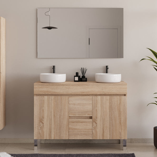 Meuble de salle de bain 120cm sur pieds avec plateau et 2 cuves à poser rondes - portes et tiroirs - HARO
