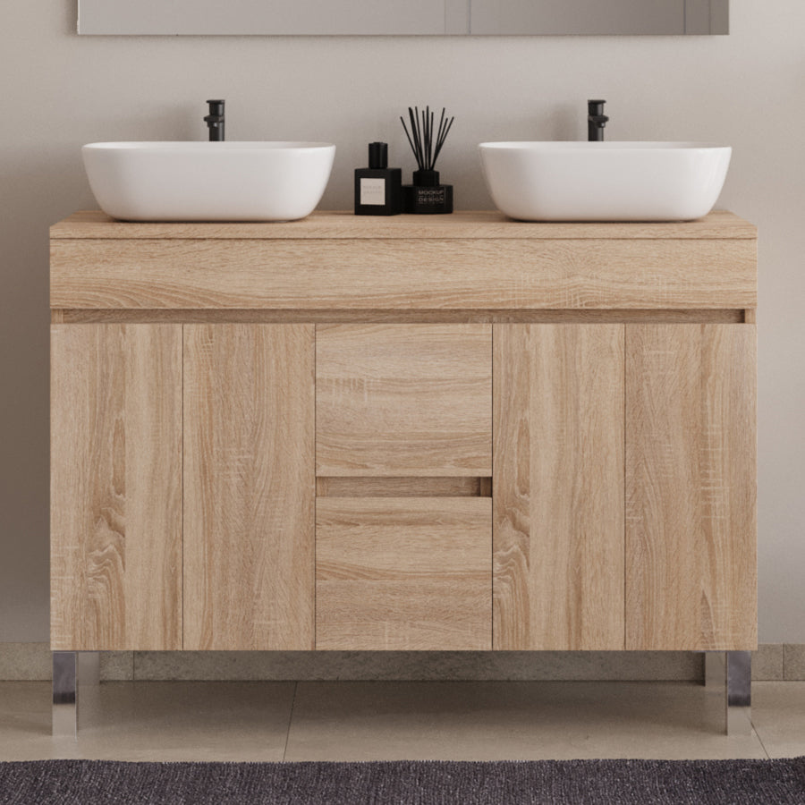 Meuble de salle de bain 120cm sur pieds avec plateau et 2 cuves à poser arrondies - portes et tiroirs - HARO