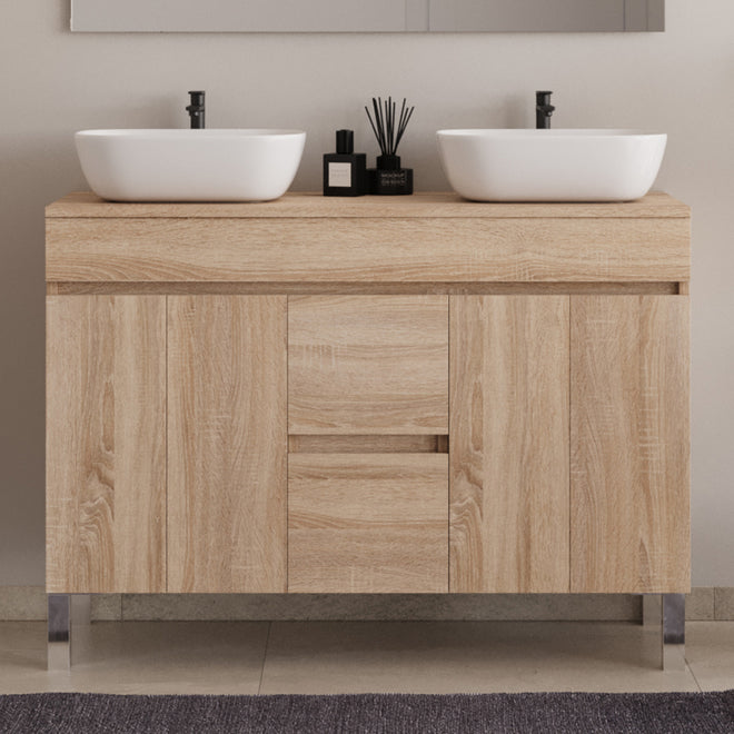 Meuble de salle de bain 120cm sur pieds avec plateau et 2 cuves à poser arrondies - sans miroir - portes et tiroirs - HARO
