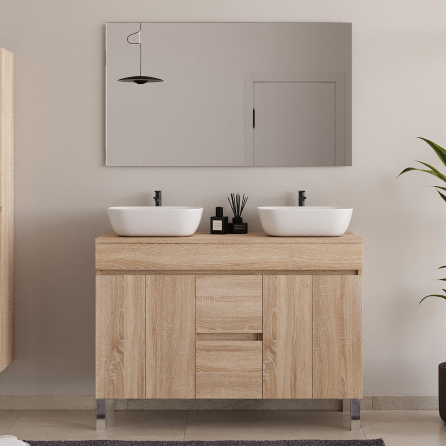Meuble de salle de bain 120cm sur pieds avec plateau et 2 cuves à poser arrondies - portes et tiroirs - HARO
