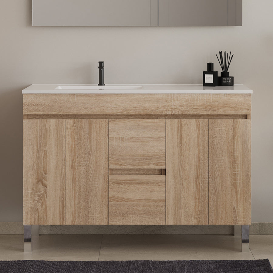 Meuble de salle de bain 120cm sur pieds avec vasque déportée - sans miroir - portes et tiroirs - HARO