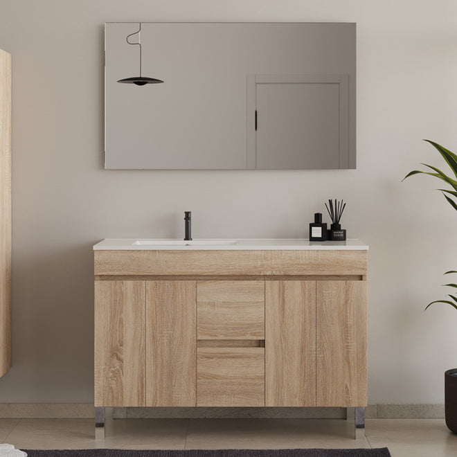 Meuble de salle de bain 120cm sur pieds avec avec vasque déportée - portes et tiroirs - HARO