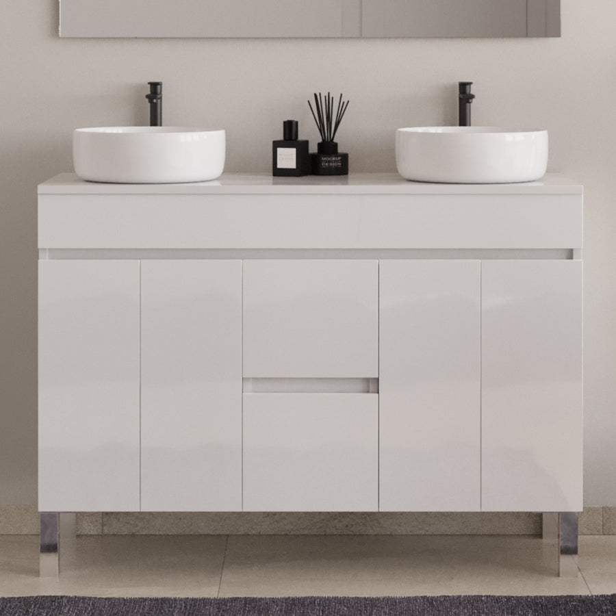 Meuble de salle de bain 120cm sur pieds avec plateau et 2 cuves à poser rondes - sans miroir - portes et tiroirs - HARO