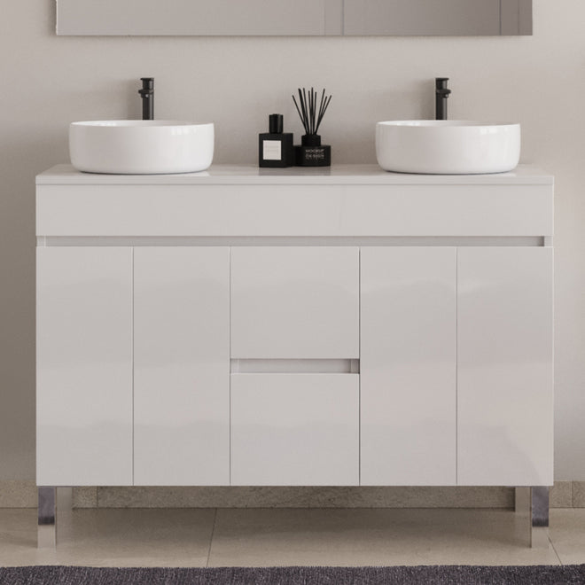 Meuble de salle de bain 120cm sur pieds avec plateau et 2 cuves à poser rondes - sans miroir - portes et tiroirs - HARO