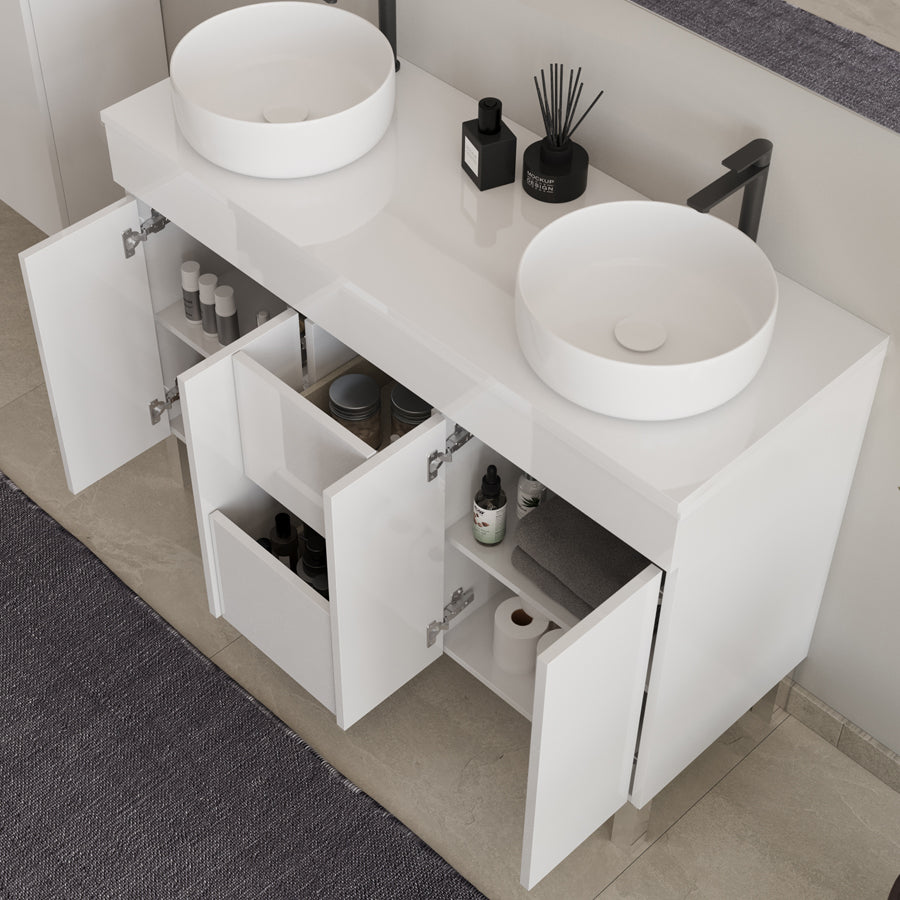 Meuble de salle de bain 120cm sur pieds avec plateau et 2 cuves à poser rondes - sans miroir - portes et tiroirs - HARO