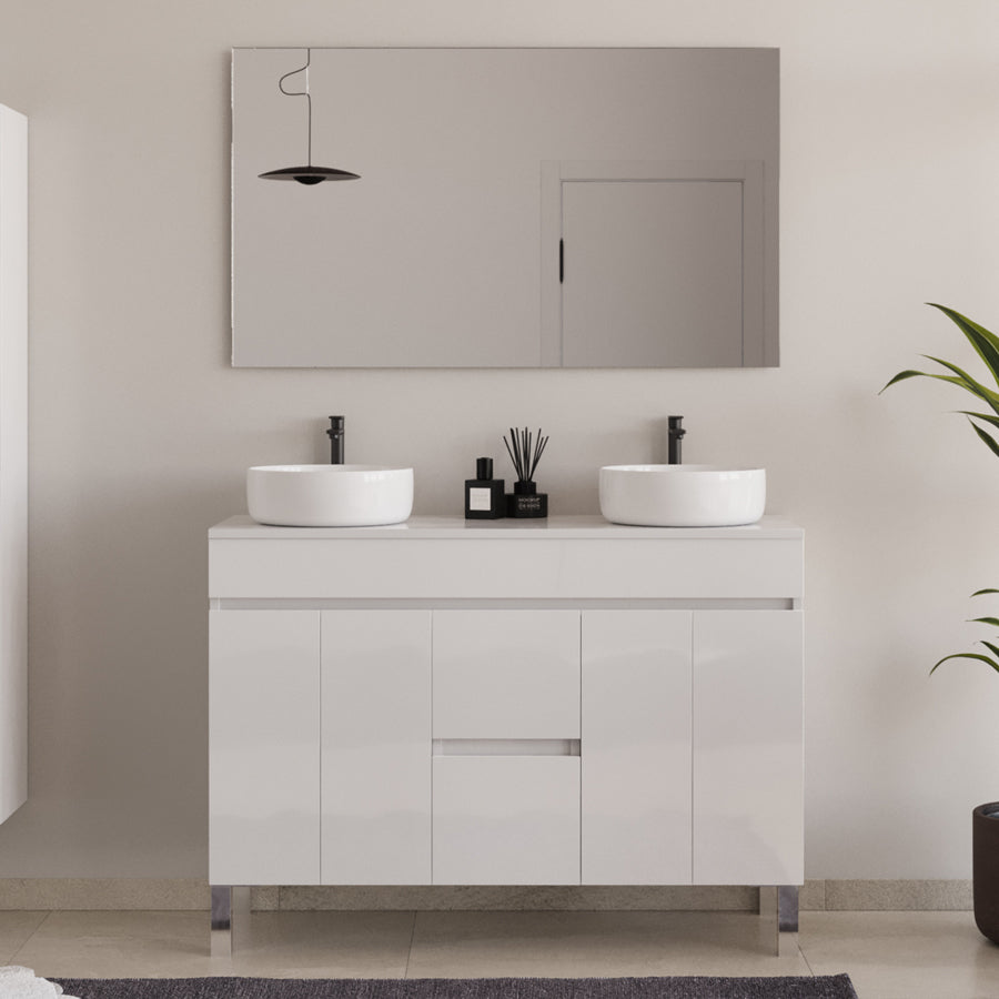 Meuble de salle de bain 120cm sur pieds avec plateau et 2 cuves à poser rondes - sans miroir - portes et tiroirs - HARO