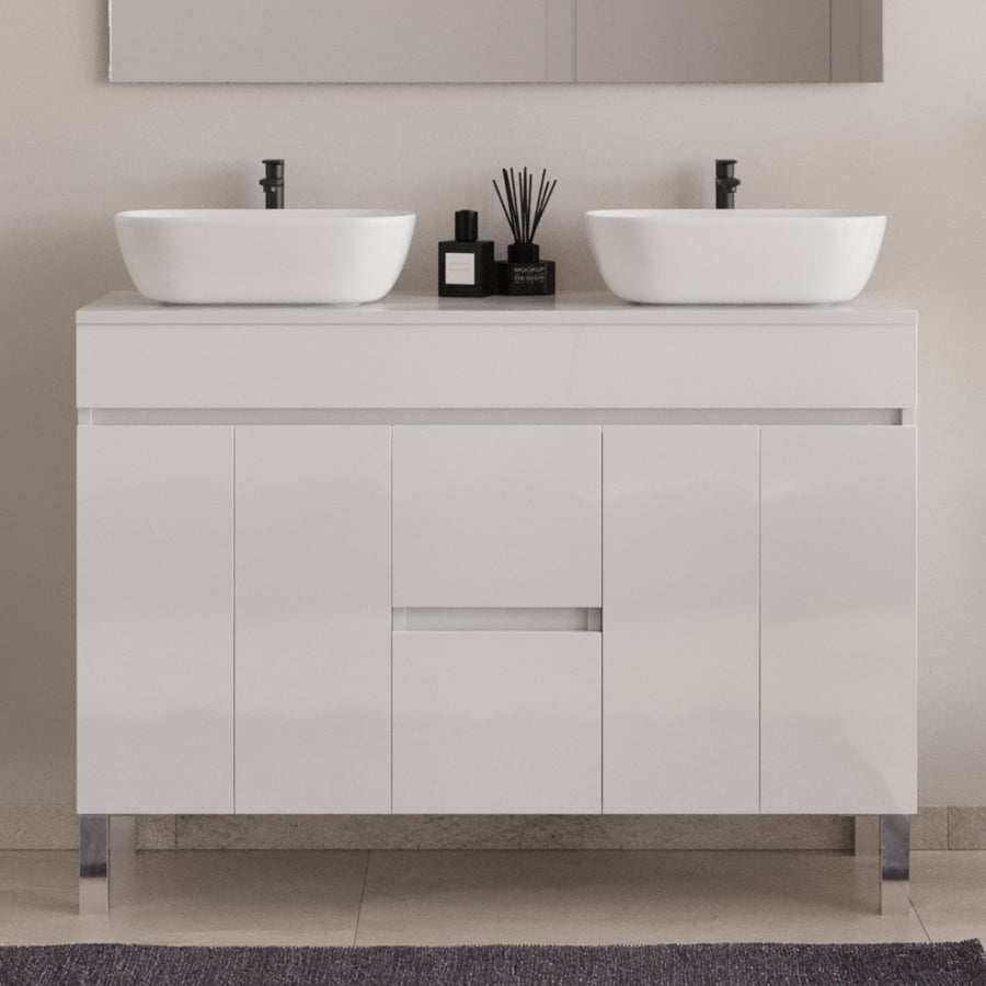 Meuble de salle de bain 120cm sur pieds avec plateau et 2 cuves à poser arrondies - portes et tiroirs - HARO