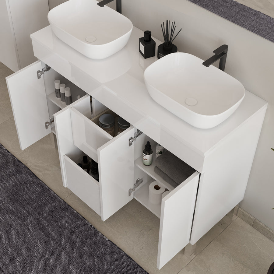 Meuble de salle de bain 120cm sur pieds avec plateau et 2 cuves à poser arrondies - portes et tiroirs - HARO