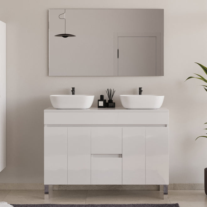 Meuble de salle de bain 120cm sur pieds avec plateau et 2 cuves à poser arrondies - portes et tiroirs - HARO