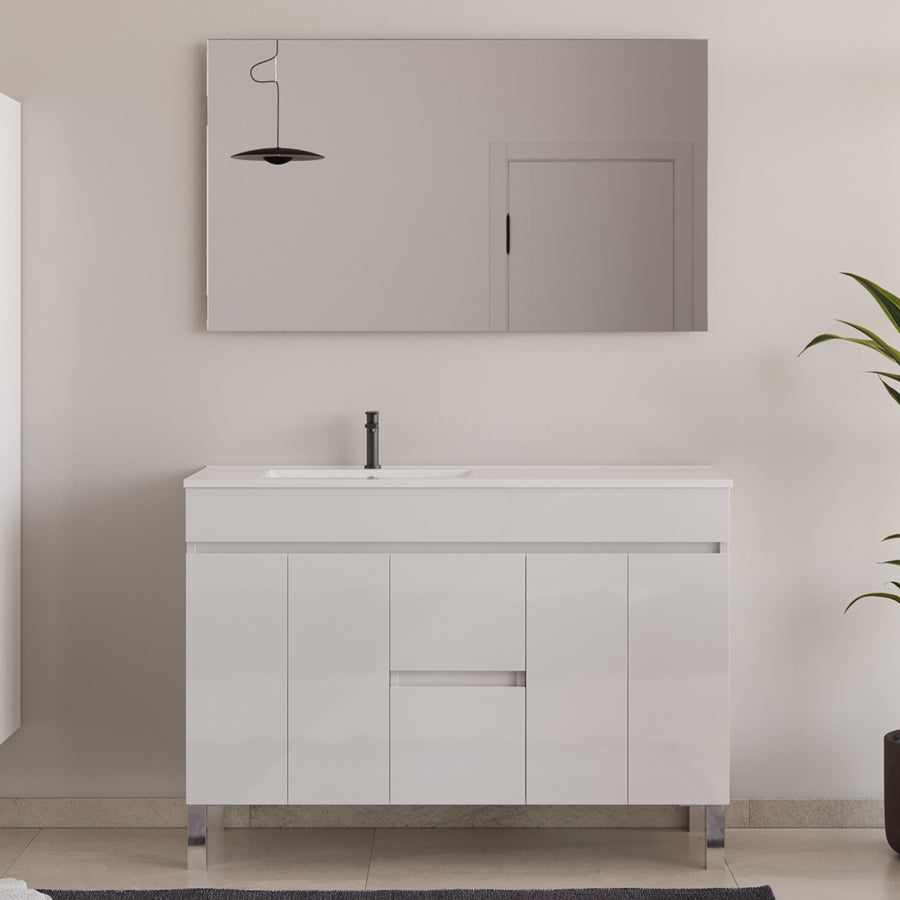 Meuble de salle de bain 120cm sur pieds avec vasque déportée - sans miroir - portes et tiroirs - HARO