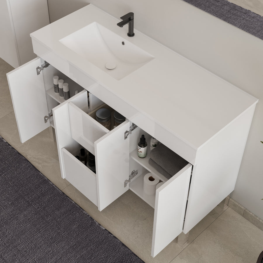 Meuble de salle de bain 120cm sur pieds avec vasque déportée - sans miroir - portes et tiroirs - HARO