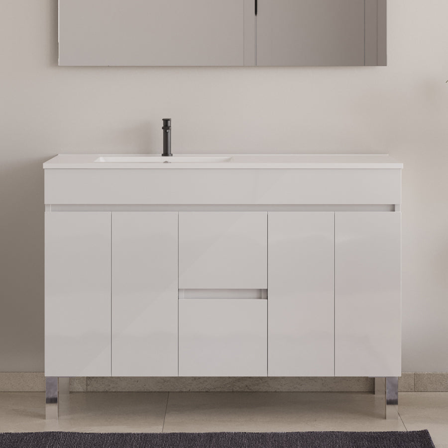 Meuble de salle de bain 120cm sur pieds avec vasque déportée - sans miroir - portes et tiroirs - HARO