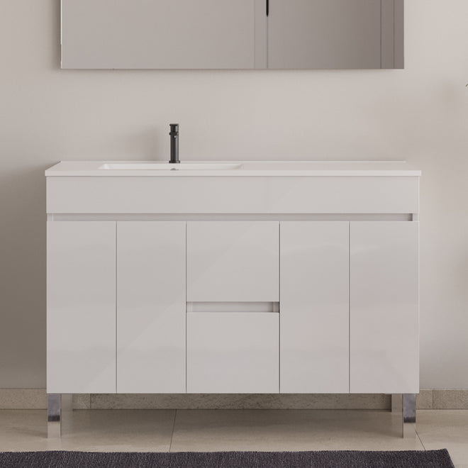 Meuble de salle de bain 120cm sur pieds avec vasque déportée - sans miroir - portes et tiroirs - HARO
