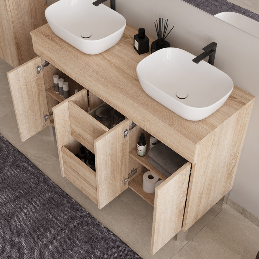 Meuble de salle de bain 120cm sur pieds avec plateau et 2 cuves à poser arrondies - portes et tiroirs - HARO