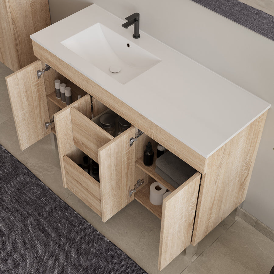 Meuble de salle de bain 120cm sur pieds avec vasque déportée - sans miroir - portes et tiroirs - HARO