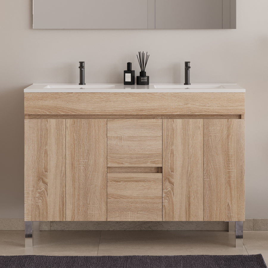Meuble de salle de bain 120cm double vasque sur pieds avec portes et tiroirs - HARO