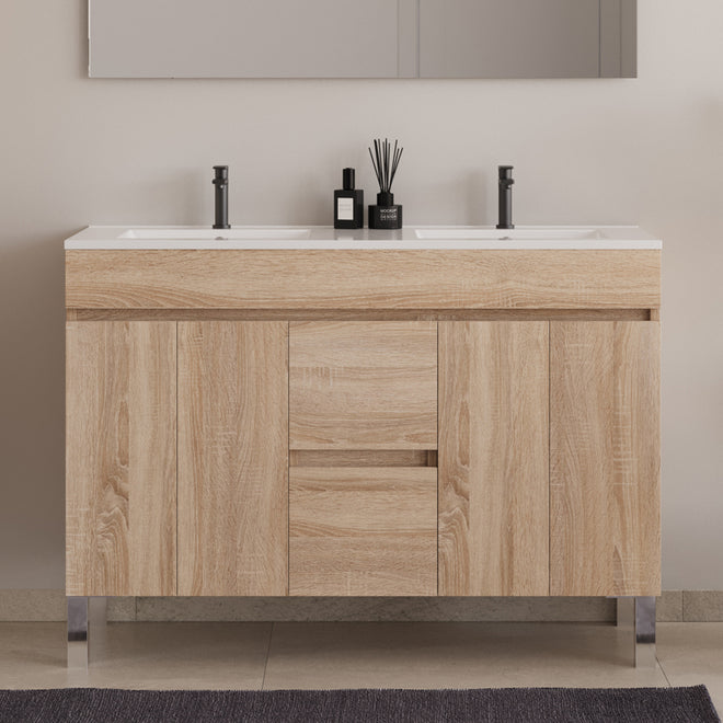 Meuble de salle de bain 120cm double vasque - sans miroir - sur pieds avec portes et tiroirs - HARO