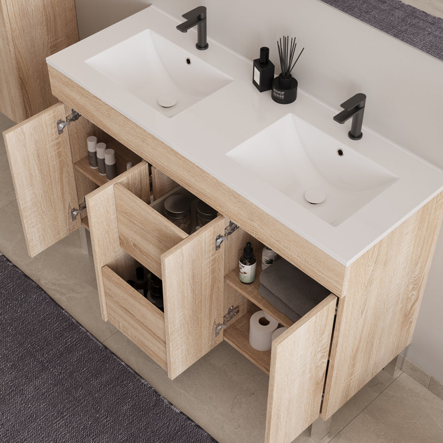Meuble de salle de bain 120cm double vasque sur pieds avec portes et tiroirs - HARO