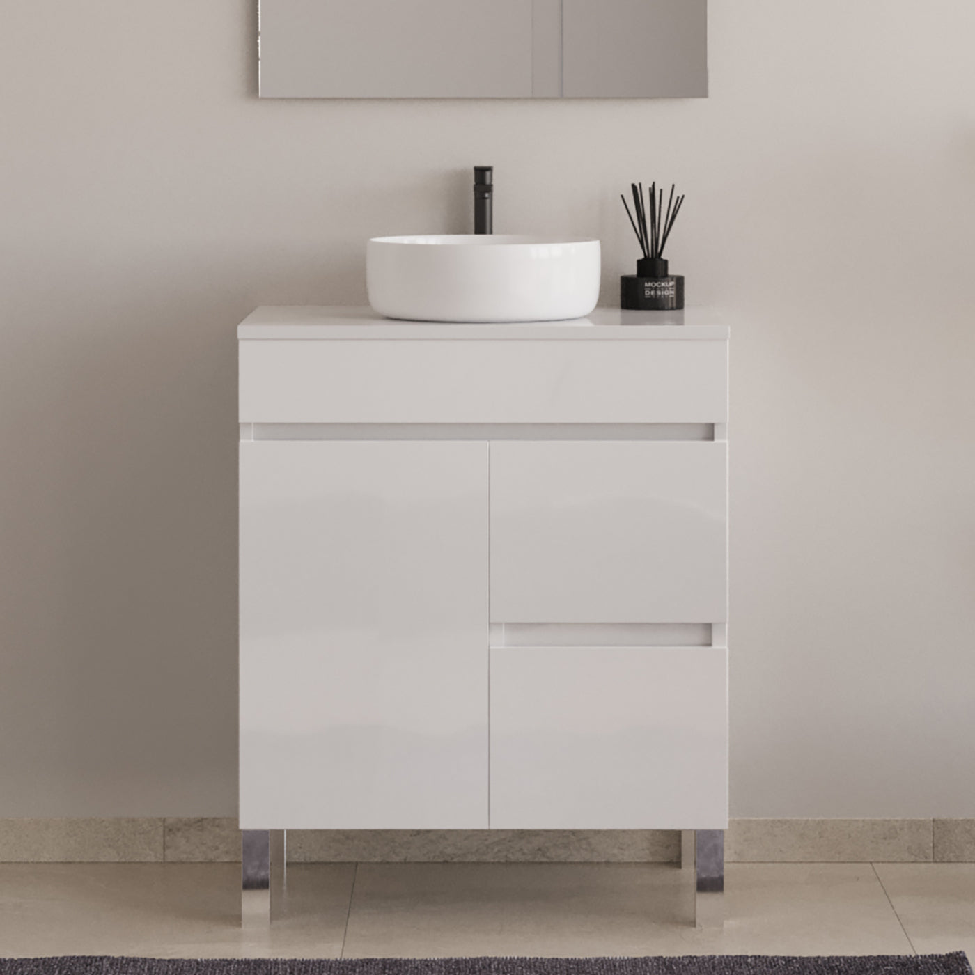 Meuble de salle de bain 60cm sur pieds avec plateau et une cuve à poser ronde - porte et tiroirs - HARO
