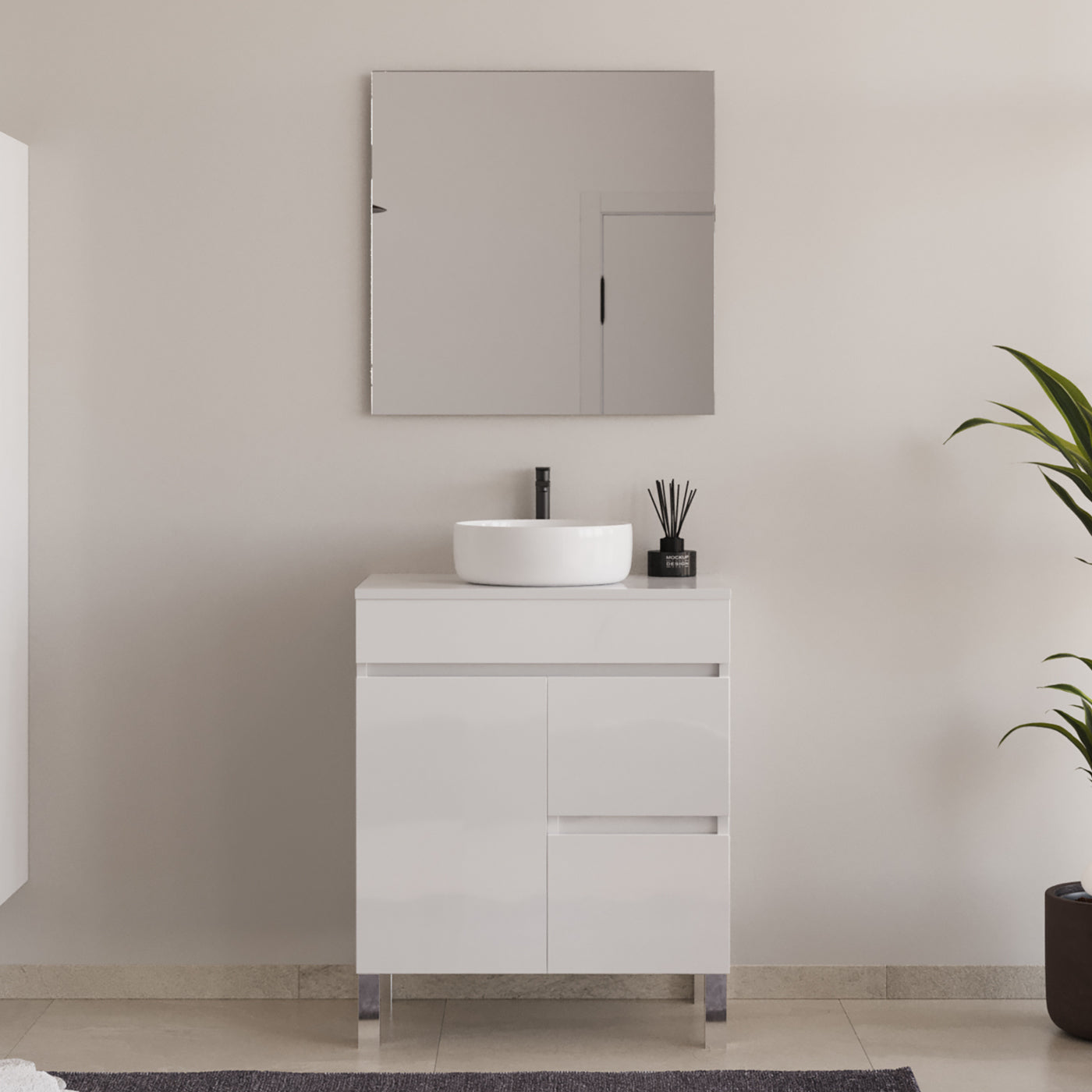 Meuble de salle de bain 60cm sur pieds avec plateau et une cuve à poser ronde - porte et tiroirs - HARO