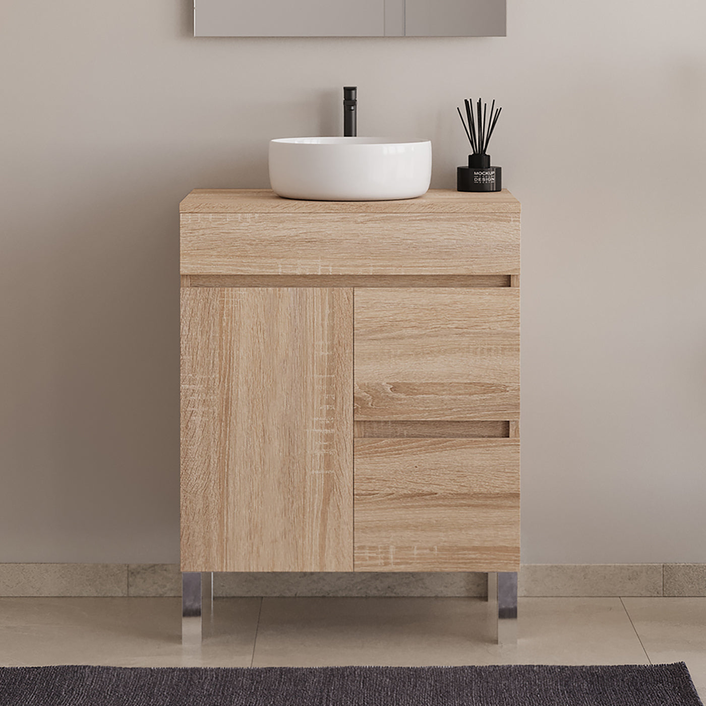 Meuble de salle de bain 60cm sur pieds avec plateau et une cuve à poser ronde - porte et tiroirs - HARO