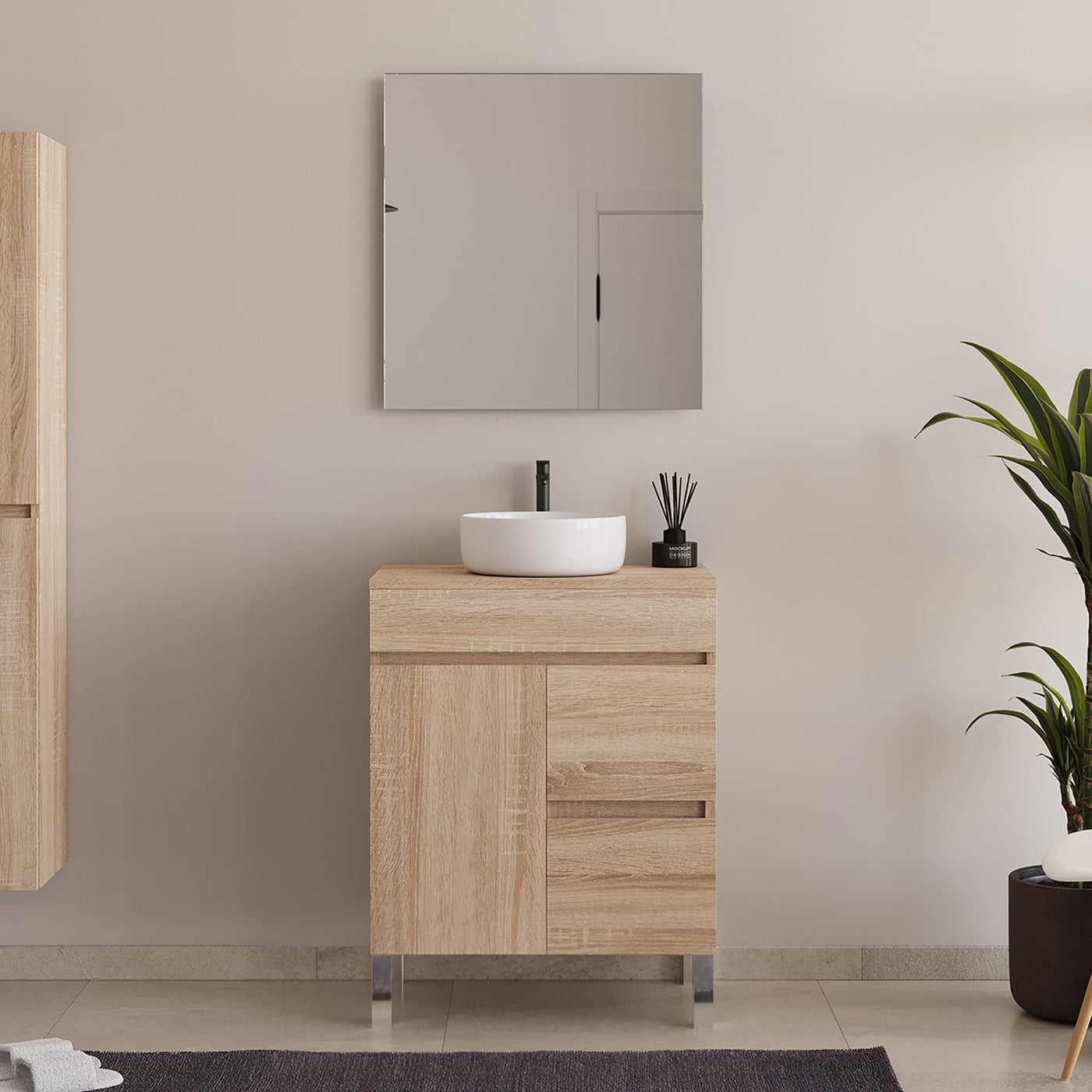 Meuble de salle de bain 60cm sur pieds avec plateau et une cuve à poser ronde - porte et tiroirs - HARO