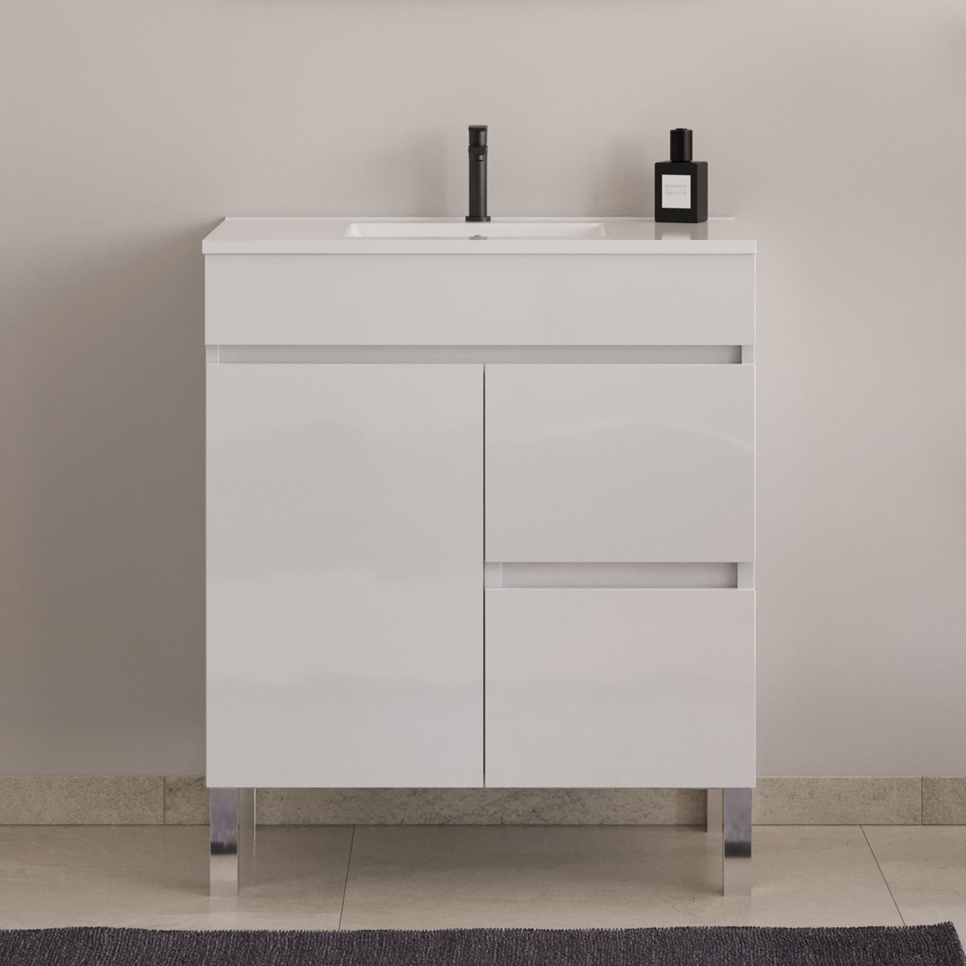 Meuble de salle de bain 60cm sur pieds avec simple vasque avec porte et tiroirs - HARO