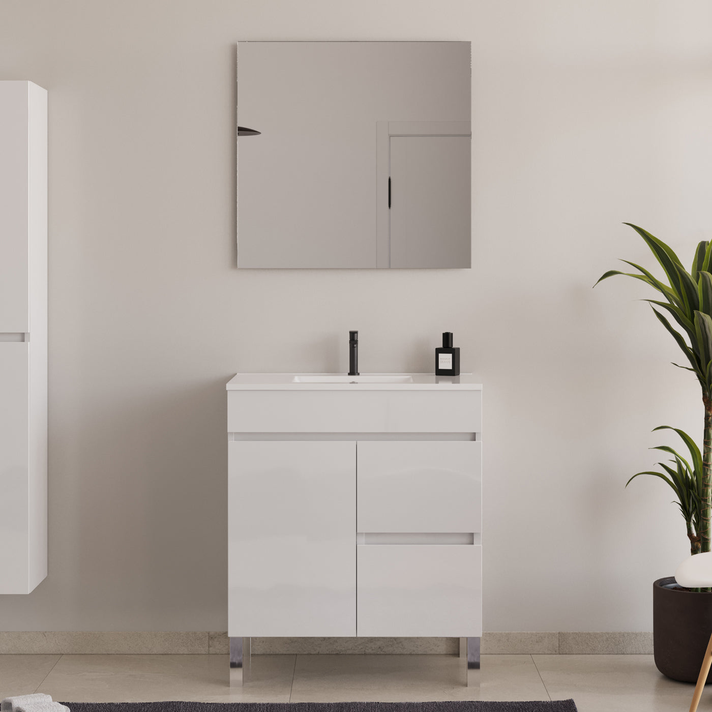Meuble de salle de bain 60cm sur pieds avec simple vasque avec porte et tiroirs - HARO