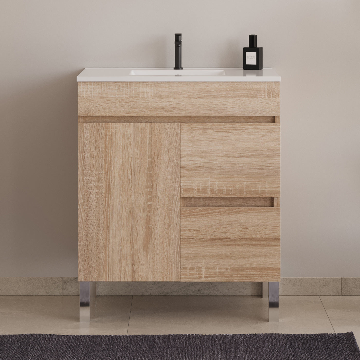 Meuble de salle de bain 60cm sur pieds avec simple vasque avec porte et tiroirs - HARO
