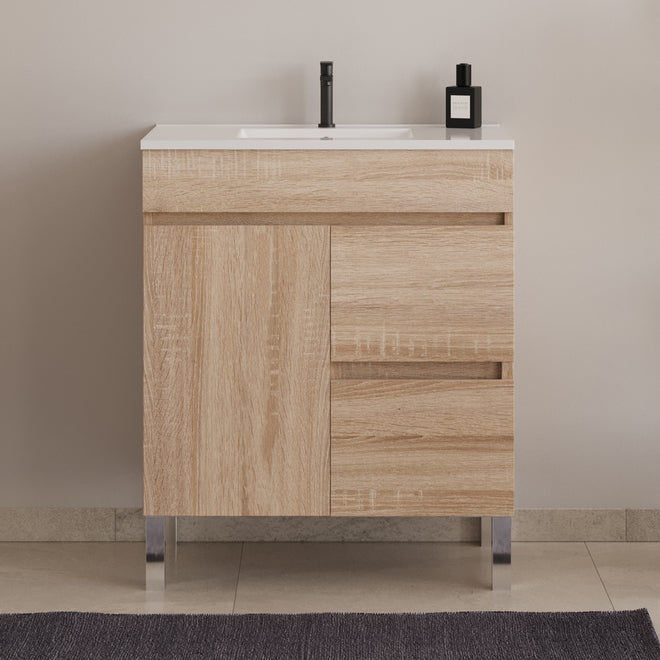 Meuble de salle de bain 60cm sur pieds avec simple vasque - sans miroir - porte et tiroirs - HARO