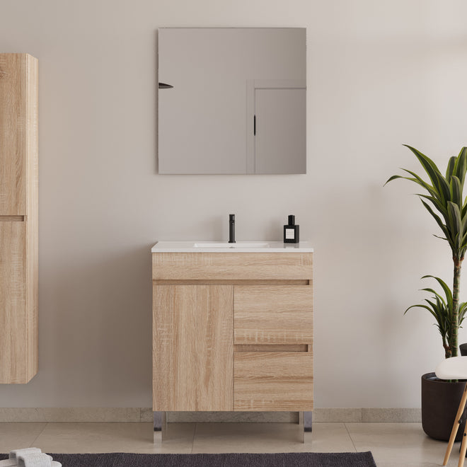 Meuble de salle de bain 60cm sur pieds avec simple vasque avec porte et tiroirs - HARO