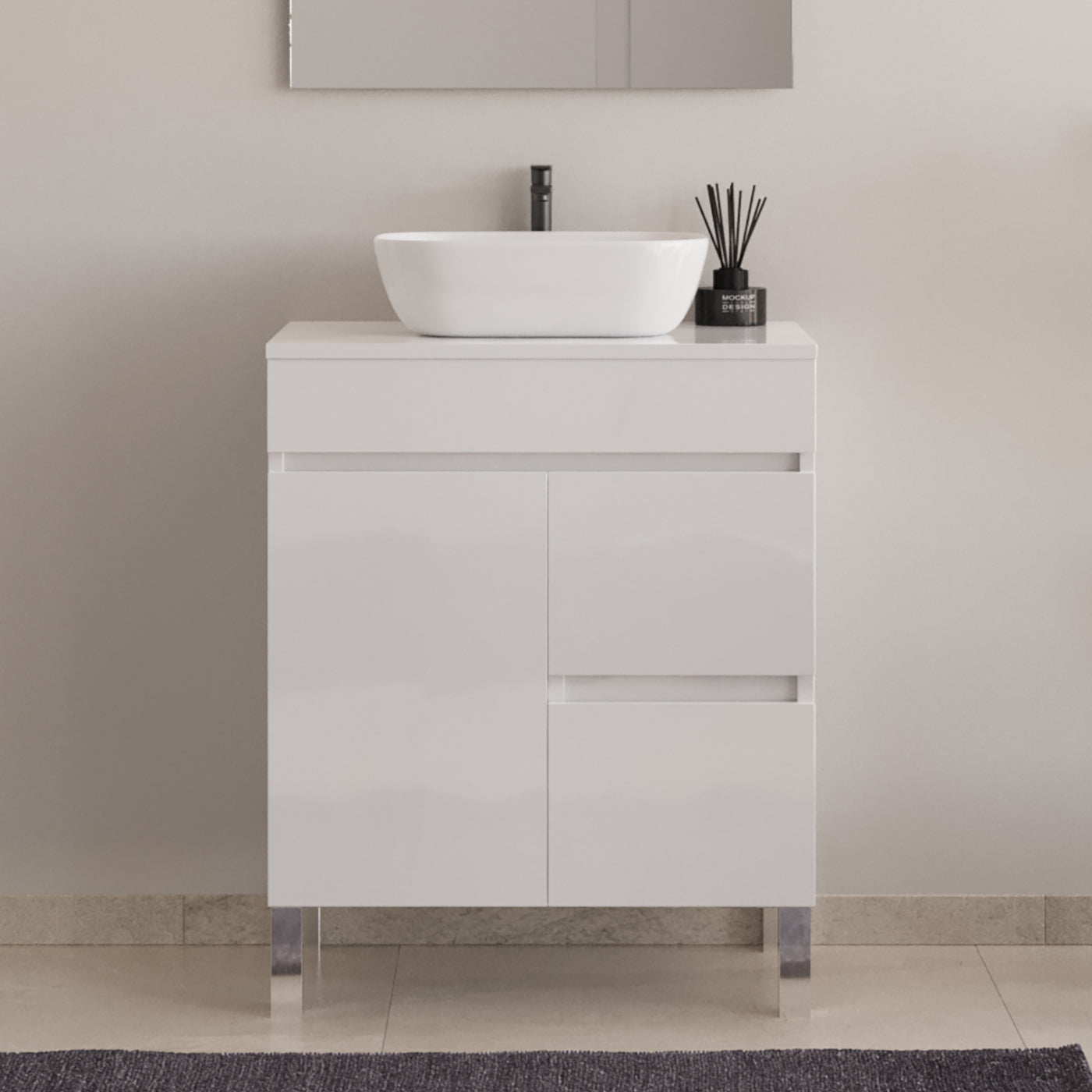 Meuble de salle de bain 60cm sur pieds avec plateau et une cuve à poser arrondie - porte et tiroirs - HARO