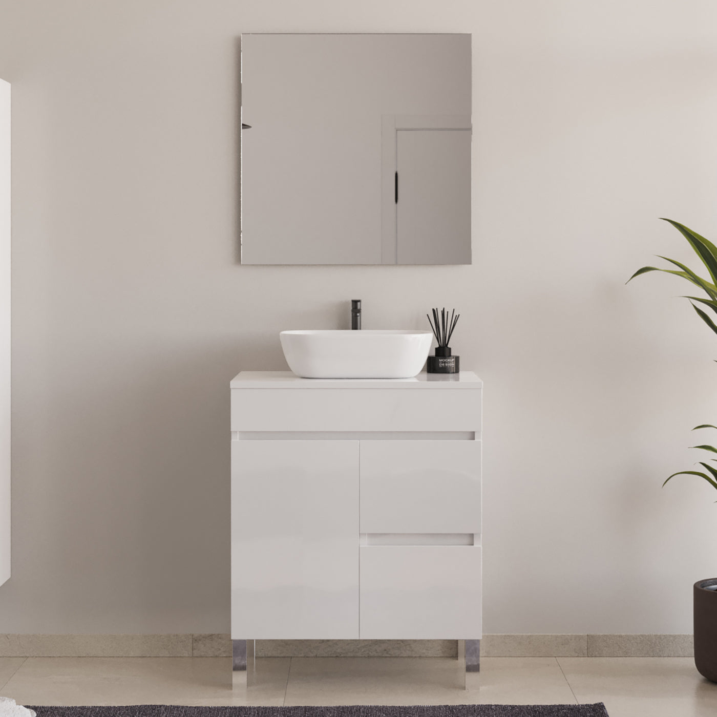 Meuble de salle de bain 60cm sur pieds avec plateau et une cuve à poser arrondie - porte et tiroirs - HARO