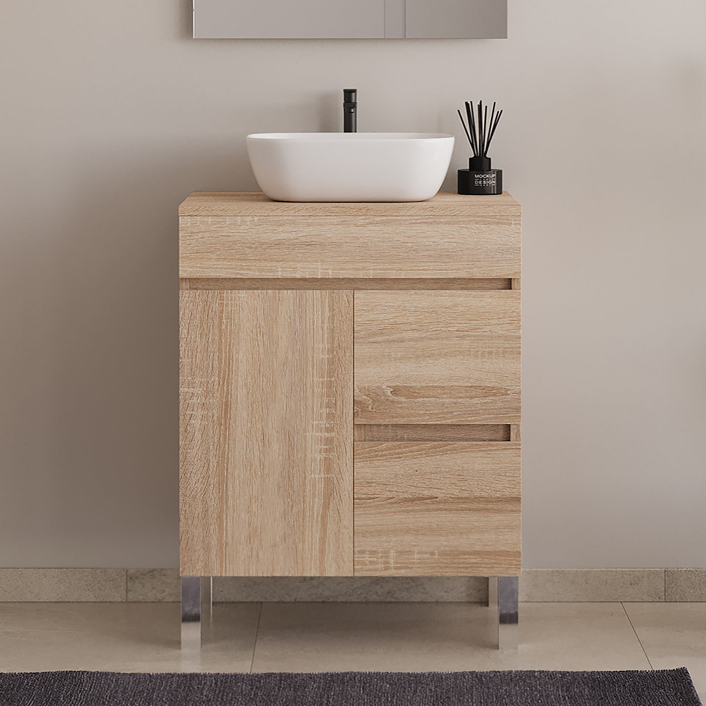 Meuble de salle de bain 60cm sur pieds avec plateau et une cuve à poser arrondie - porte et tiroirs - HARO