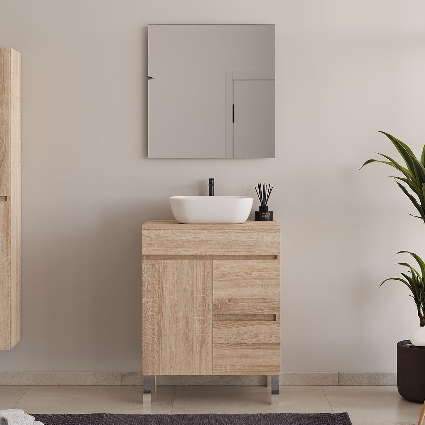Meuble de salle de bain 60cm sur pieds avec plateau et une cuve à poser arrondie - porte et tiroirs - HARO