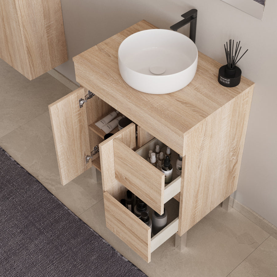Meuble de salle de bain 80cm sur pieds avec plateau et une cuve à poser ronde - portes et tiroirs - HARO