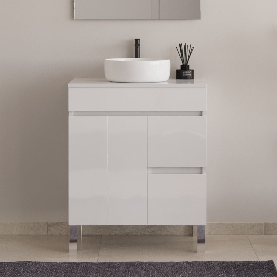 Meuble de salle de bain 80cm sur pieds avec plateau et une cuve à poser ronde - portes et tiroirs - HARO