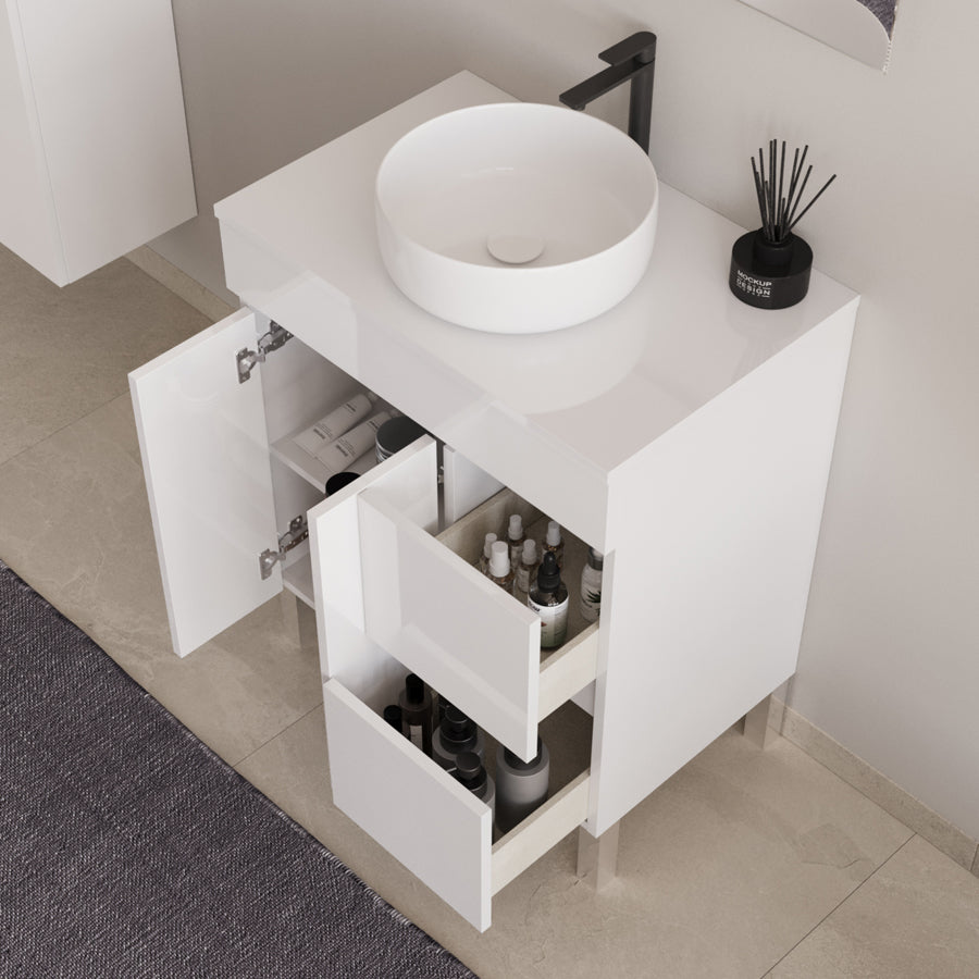 Meuble de salle de bain 80cm sur pieds avec plateau et une cuve à poser ronde - portes et tiroirs - HARO