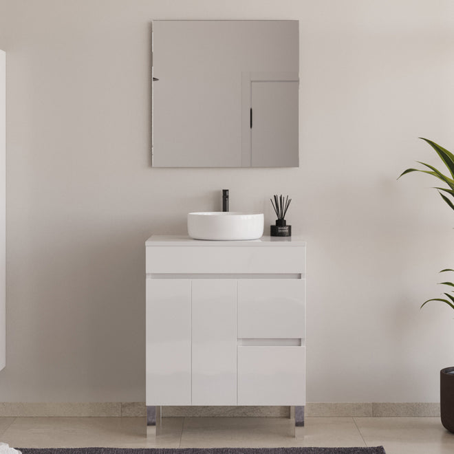 Meuble de salle de bain 80cm sur pieds avec plateau et une cuve à poser ronde - portes et tiroirs - HARO