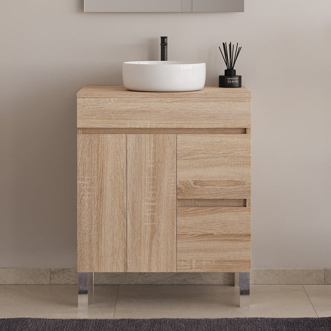 Meuble de salle de bain 80cm sur pieds avec plateau et une cuve à poser ronde - sans miroir - portes et tiroirs - HARO