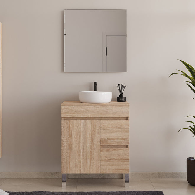 Meuble de salle de bain 70cm sur pieds avec plateau et une cuve à poser ronde - portes et tiroirs - HARO