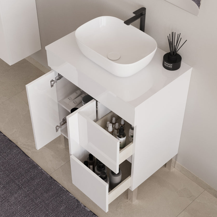 Meuble de salle de bain 70cm sur pieds avec plateau et une cuve à poser arrondie - sans miroir - portes et tiroirs - HARO