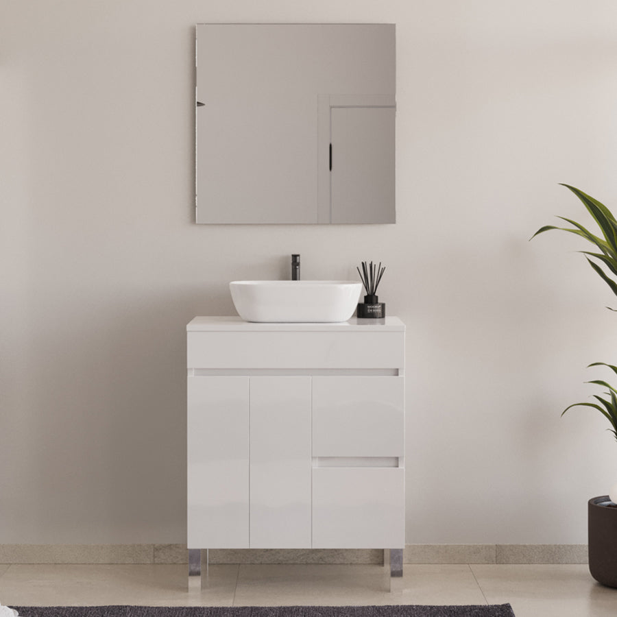 Meuble de salle de bain 70cm sur pieds avec plateau et une cuve à poser arrondie - sans miroir - portes et tiroirs - HARO