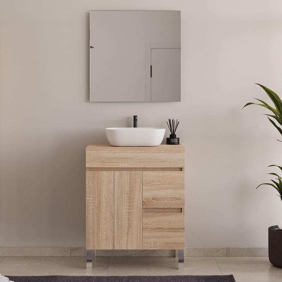 Meuble de salle de bain 70cm sur pieds avec plateau et une cuve à poser arrondie - sans miroir - portes et tiroirs - HARO