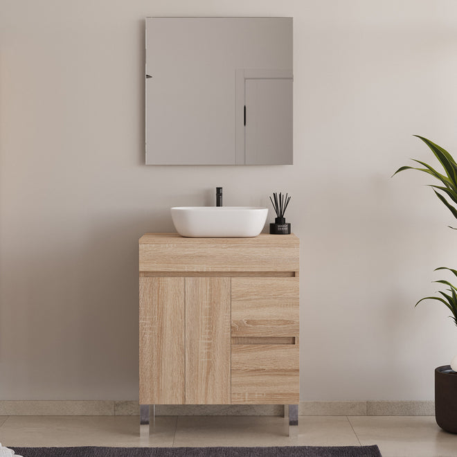 Meuble de salle de bain 80cm sur pieds avec plateau et une cuve à poser arrondie - portes et tiroirs - HARO